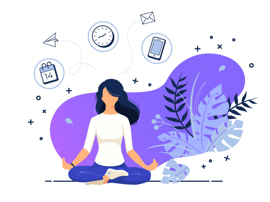 Girl in a Yoga lotus position and doing several actions at the same time. Multitasking. Time management. Office Vector illustration concept of businesswoman practicing meditation. White isolated background