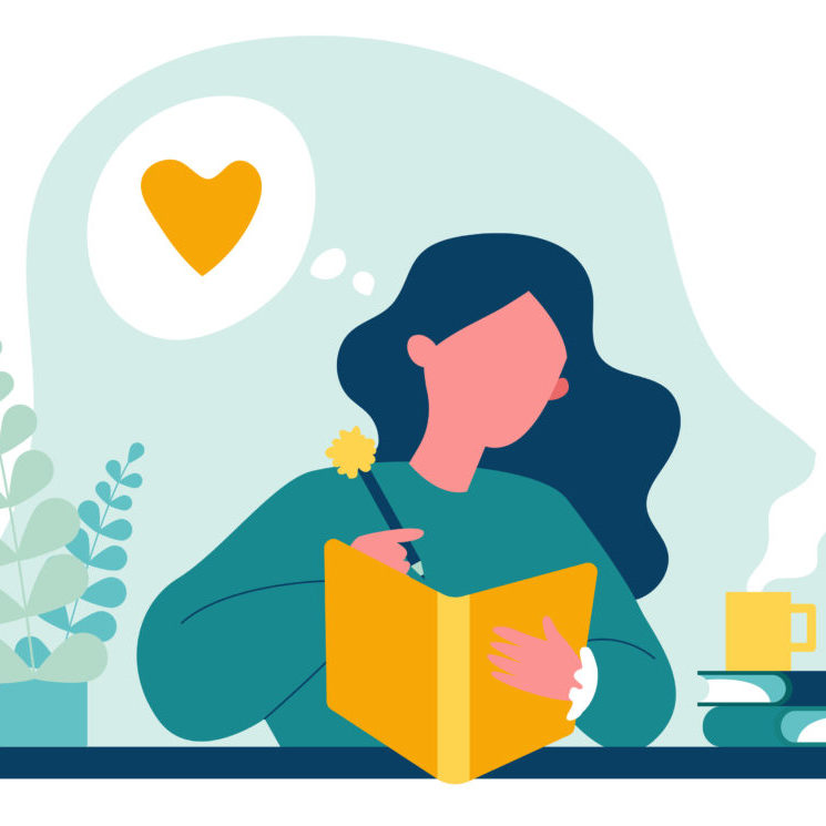 Teenage girl writing diary or journal. Happy young woman reading book and taking notes with pencil. Vector illustration for journal, author, student, teenager in love concept