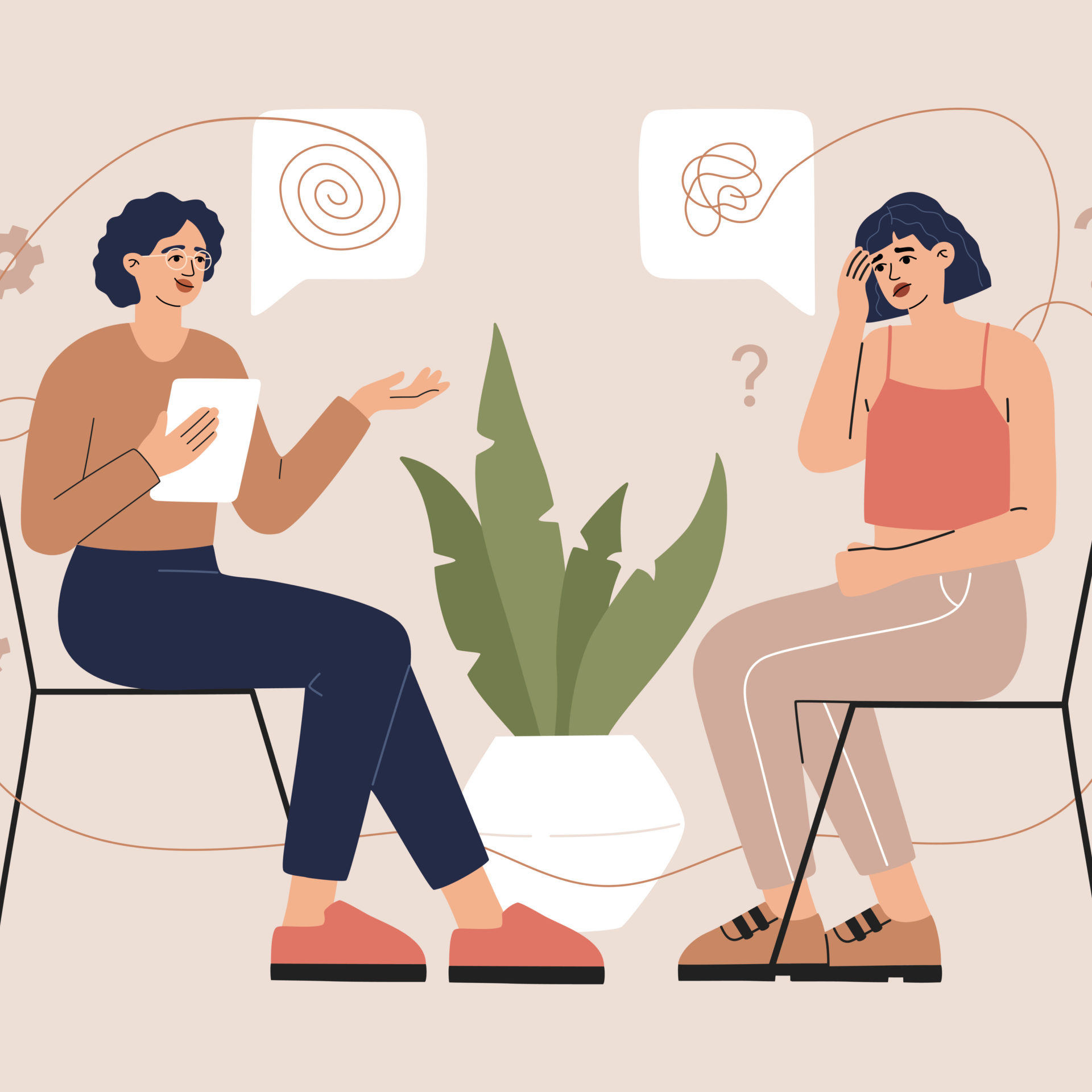 Psychotherapy counseling concept. Woman with depression sitting and have consultation. Mental health problem and disorder. Girl talking with psychologist, flat carton modern trendy vector illustration