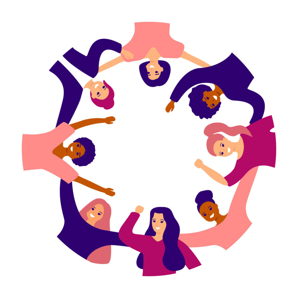 Group of happy women of different ethnicity are standing in circle, hugging together. International womens day. Female empowerment movement. Concept of friendship, communication, unity. Vector
