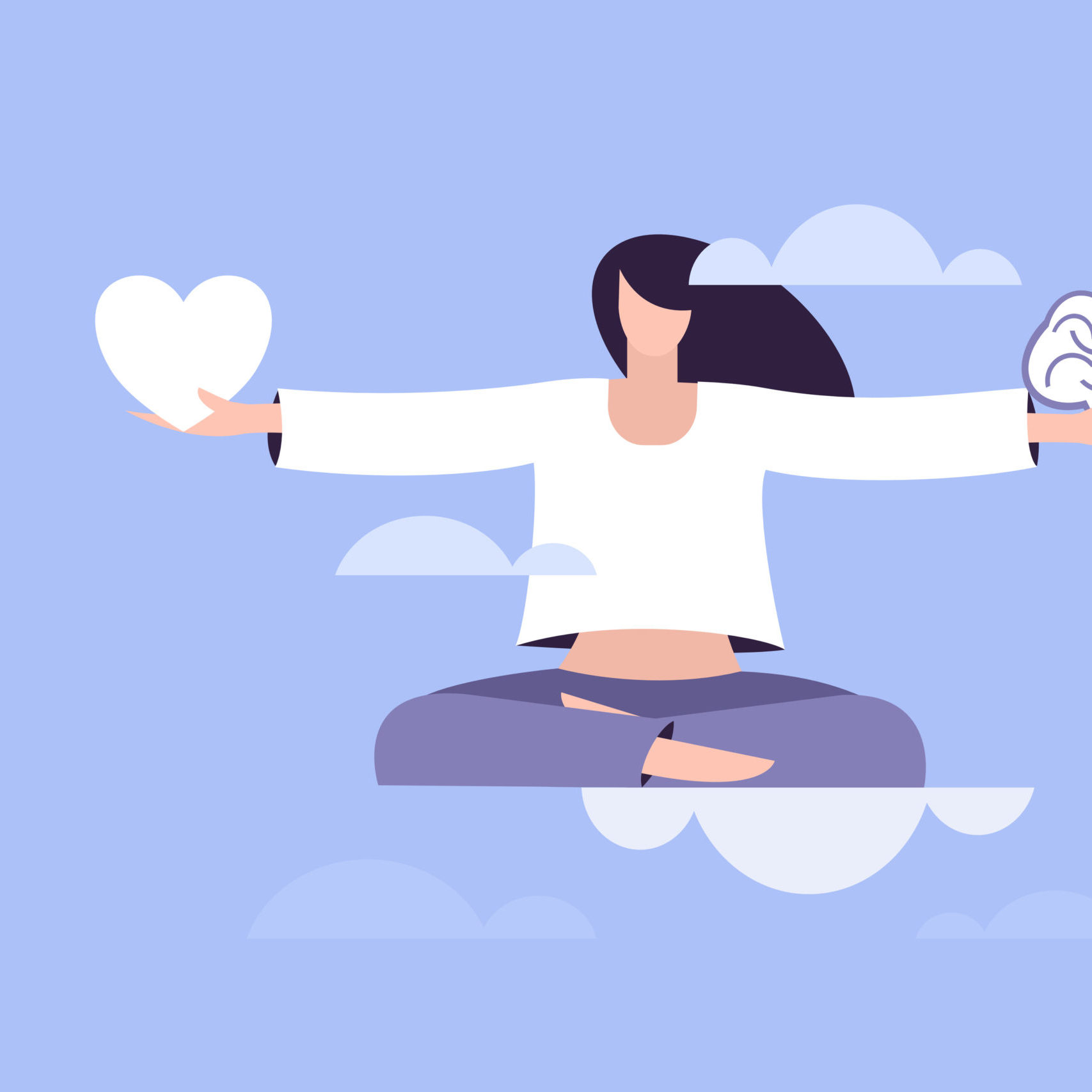 Conceptual illustration of a girl in a meditative pose floating in the clouds and balancing heart and brain in her hands
